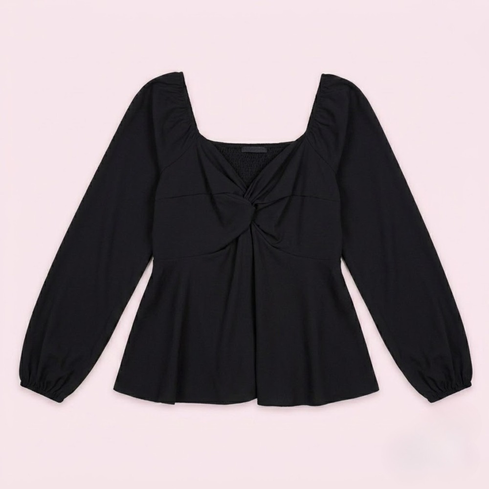 SHEIN Curve Peplum Top Womens 0XL Black Long Sleeve Smocked Back Sweetheart Neck - Picture 2 of 11